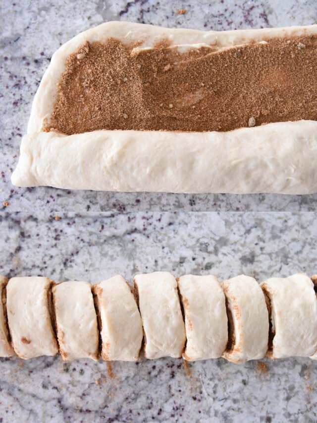 Cinnamon roll dough rolled up and cut into 1-inch pieces.