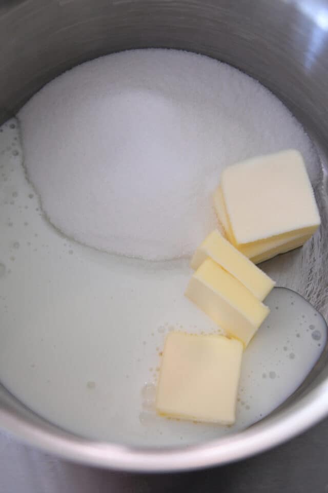 Sugar, buttermilk, and butter in saucepan.