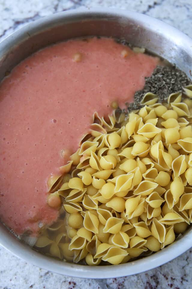 Stainless pan with dry pasta shells, dried oregano, and blended tomatoes and beans.