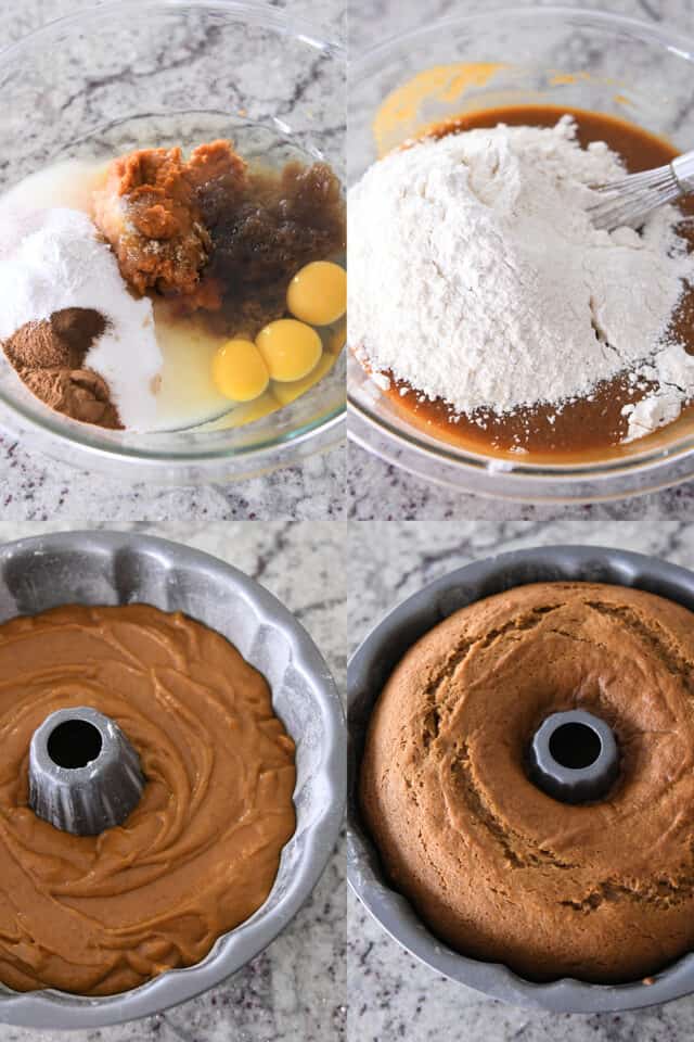 Bowl with eggs, sugar, pumpkin, spices; mixing pumpkin cake; unbaked and baked pumpkin cake in bundt pan.