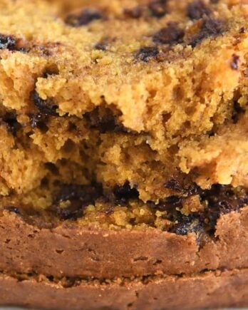 Two half slices of pumpkin chocolate chip bread.