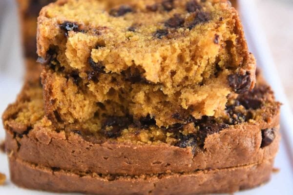 Two slices of pumpkin chocolate slice bread.
