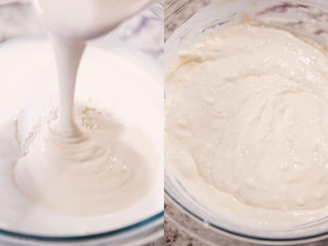 Pouring sourdough discard into glass bowl with flour and buttermilk.