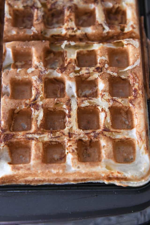 Cheese waffles baked with an open waffle iron.