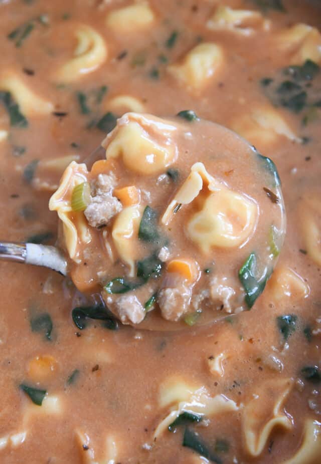 Ladle in pot lifting up scoop of tortellini, creamy broth, spinach, carrots and celery.