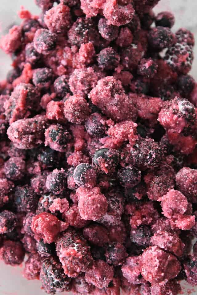 Frozen raspberries, blueberries and blackberries mixed with sugar and cornstarch.