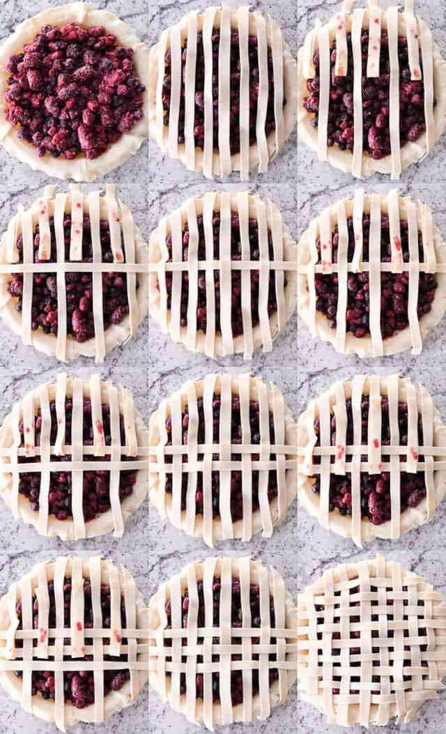 Step-by-step pictures of using pie crust strips to form a lattice pie top on triple berry pie.