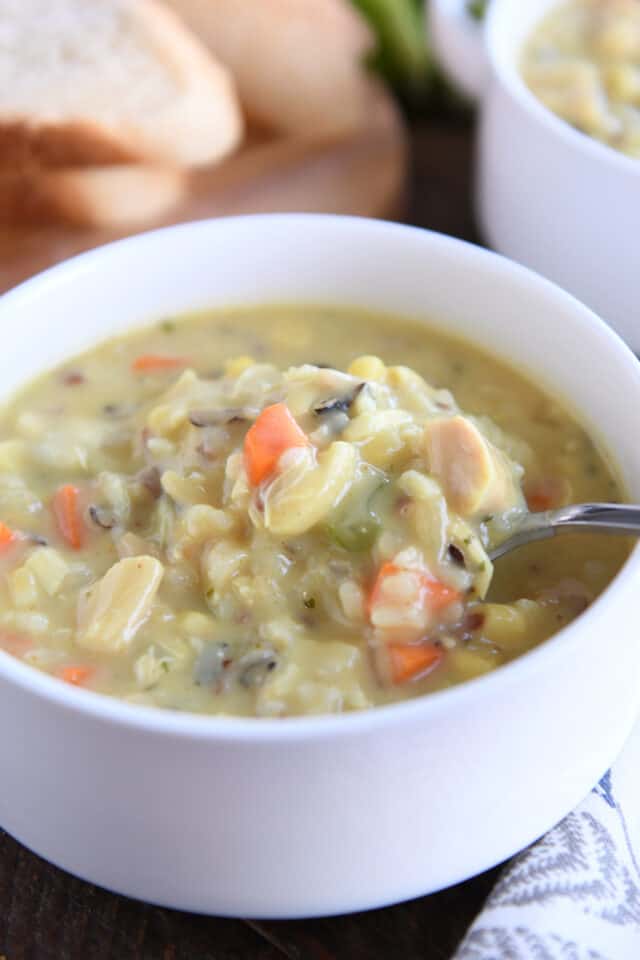 White bowl with chicken, rice, carrots, celery and spoon.