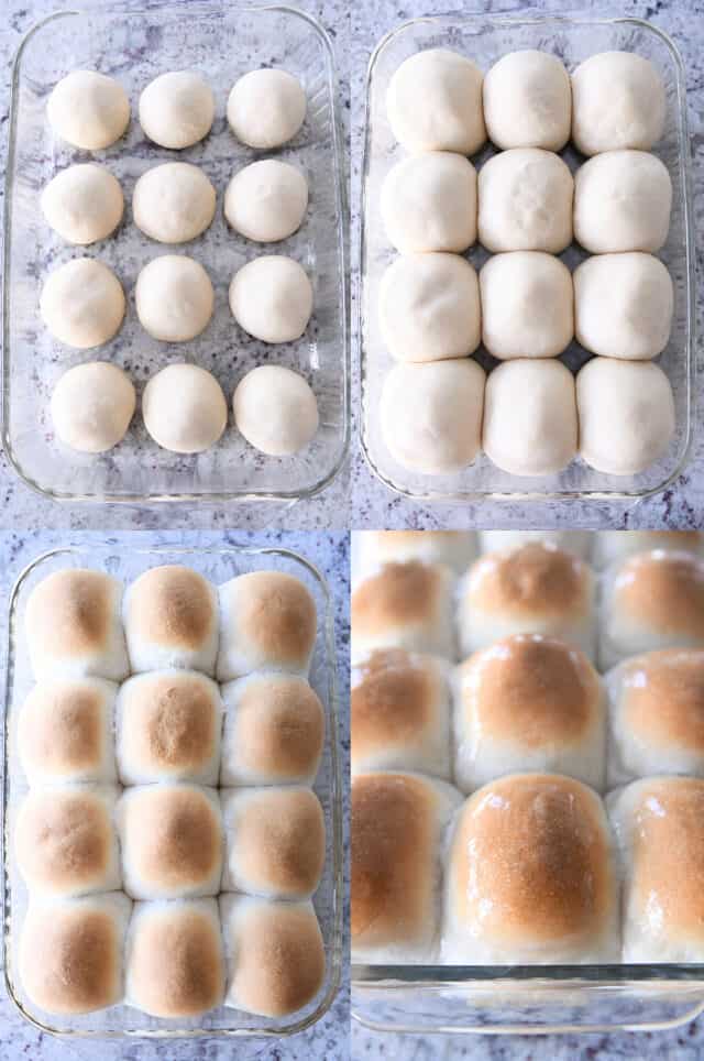 Dinner rolls rising in glass pan; dinner rolls baked and buttered in glass pan.