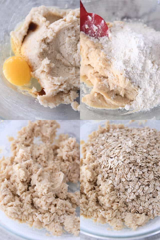 Step-by-step making cookie dough; bowl with butter, sugar and egg; bowl with cookie batter and flour; bowl of mixed cookie dough; bowl of cookie dough and oats.