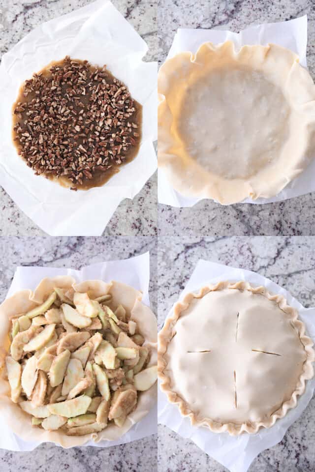 Assemble apple pie with caramel pecan layer, puff pastry, apples, top puff pastry upside down.