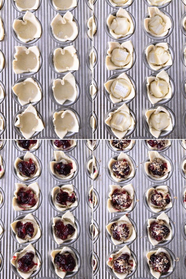 Puff pastry in mini muffin tin; brie cheese in puff pastry; cranberry sauce on top of brie cheese; pecans and brown sugar on top of cranberry sauce.