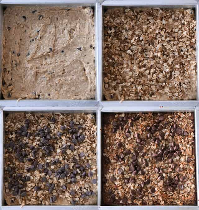 Assembling cake in pan with batter, streusel, chocolate chips and baked cake.