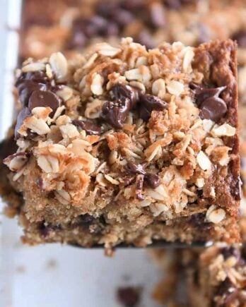 Square piece of banana oat snack cake on spatula.