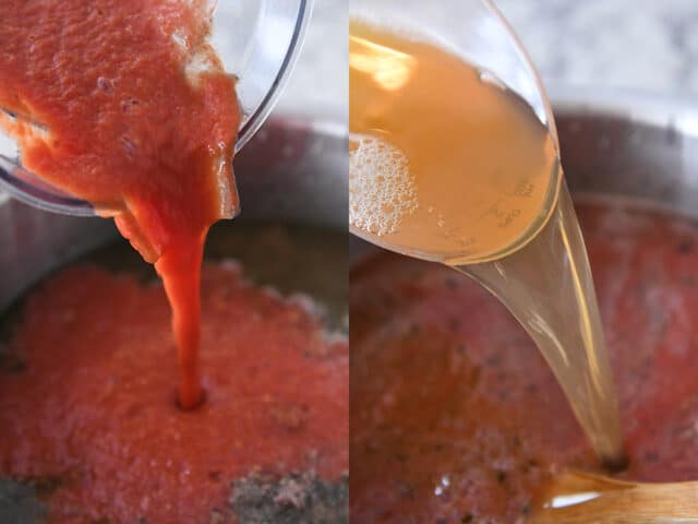 Pouring crushed tomatoes and broth into soup pot.