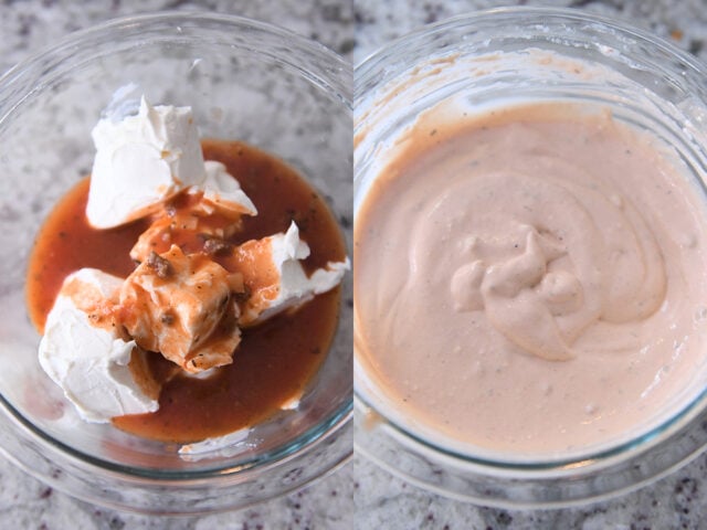 Glass bowl with cream cheese and tomato broth.