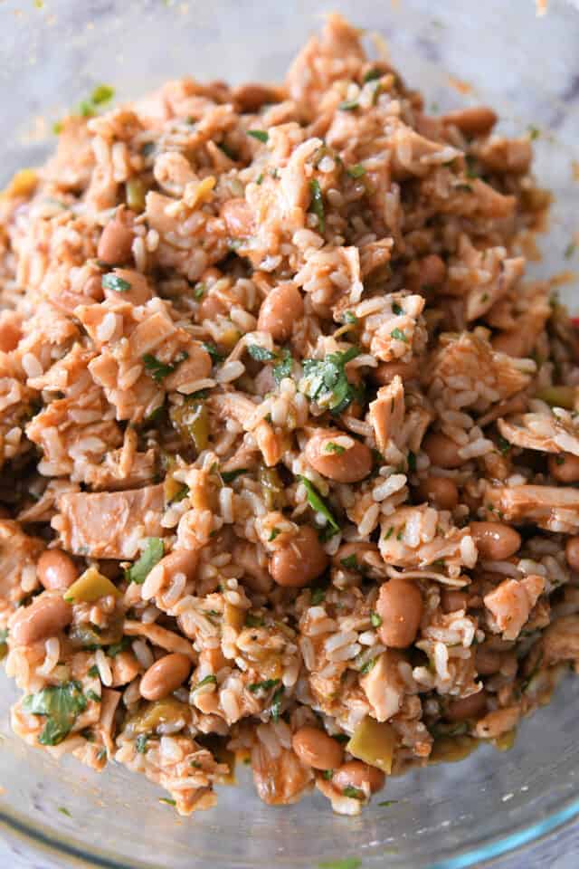 Bowl of chicken, rice, pinto beans, cilantro, enchilada sauce and spices.
