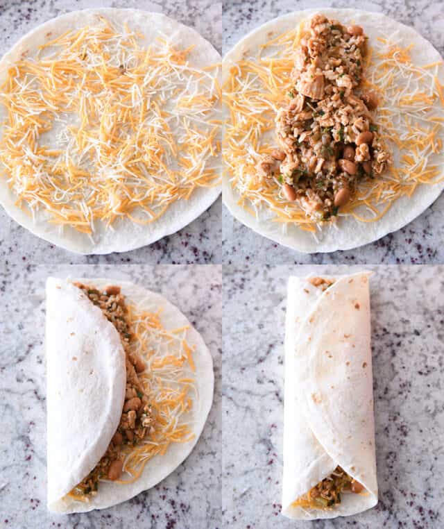 Assembling tortilla wraps with shredded cheese, chicken and rice mixture and folding the wraps into thirds.