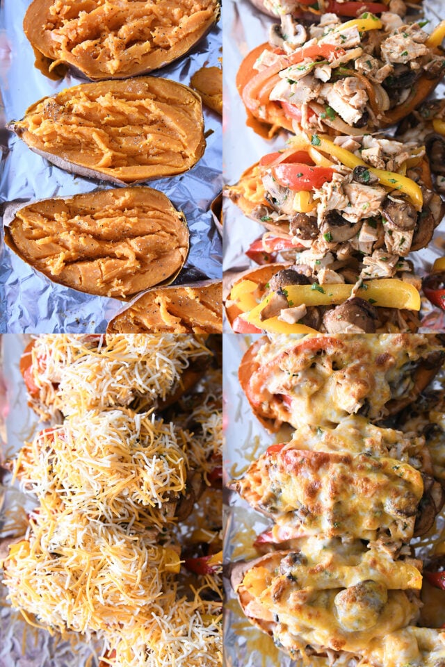 sweet potatoes on sheet pan; Vegetables and Chicken on Sweet Potatoes; cheese on vegetables; all fried golden brown.