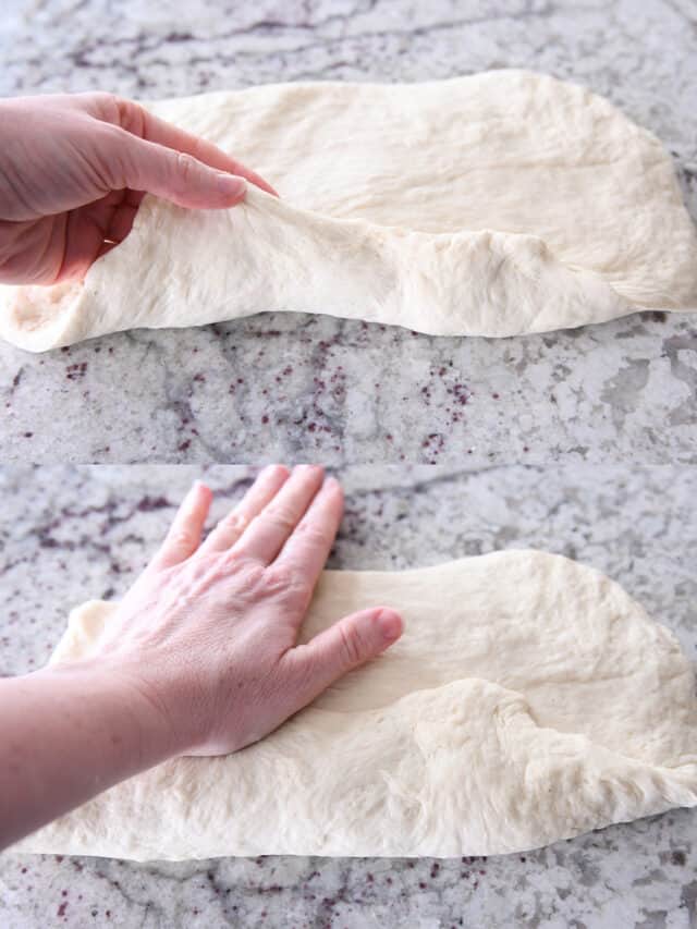 Pressing dough flat for bread loaf.