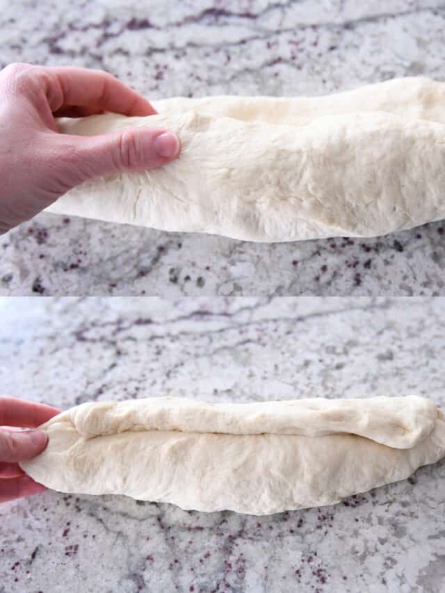 Rolling dough into loaf shape.