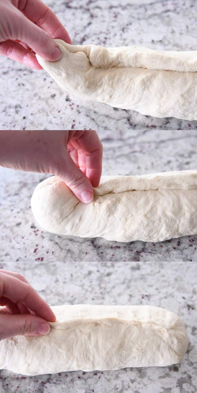 Pinch seaming of bread dough loaf.