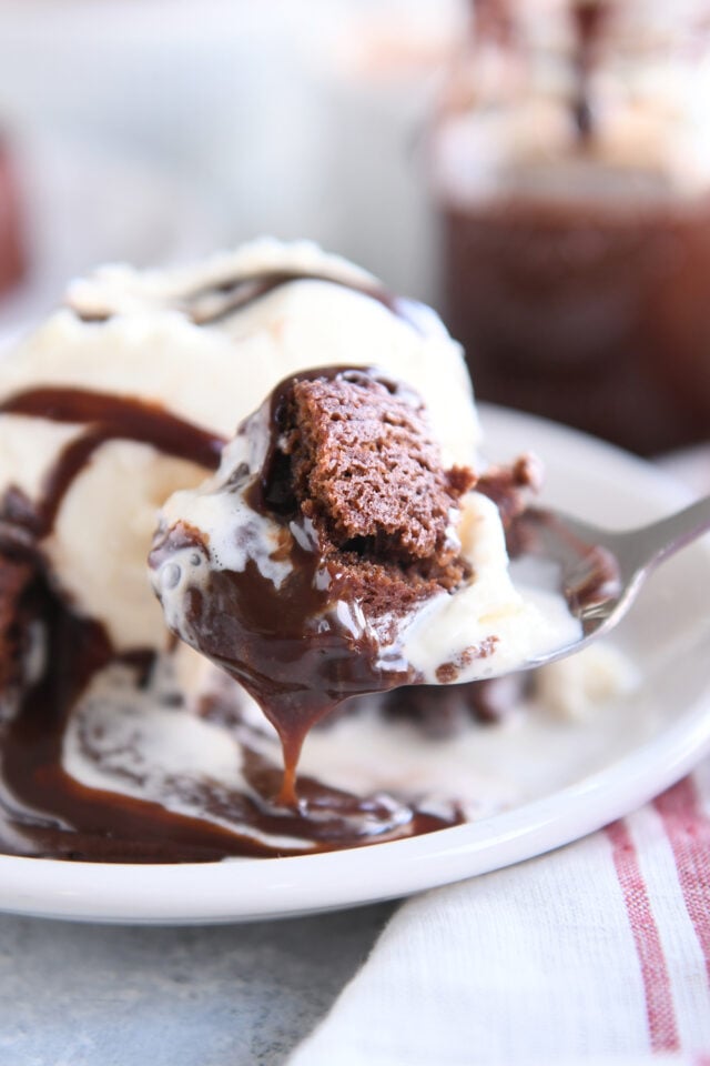 Scoop of molten lava cake on spoon.