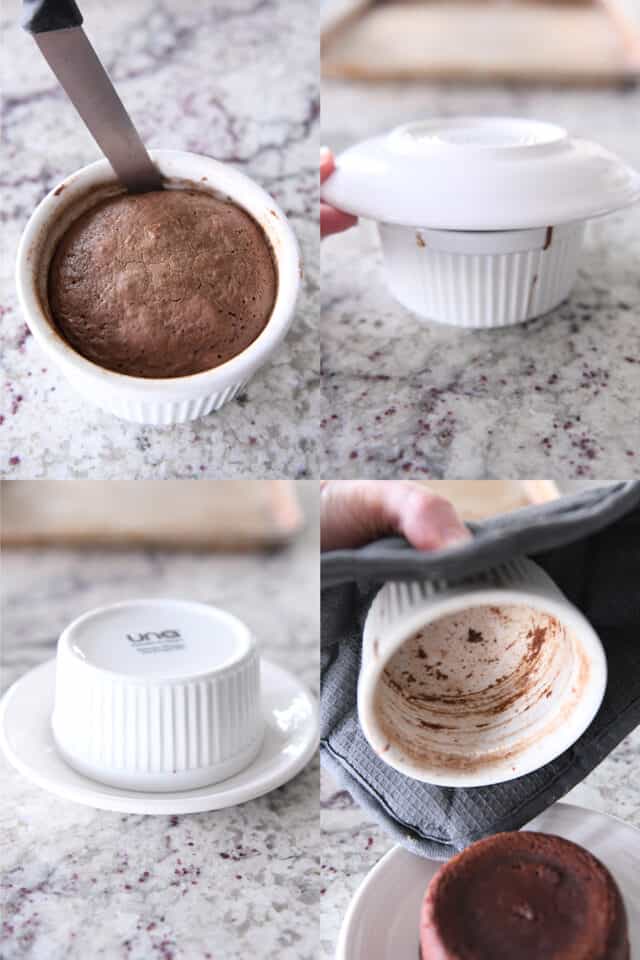 Release melted lava cake in casserole dish and turn out onto plates.