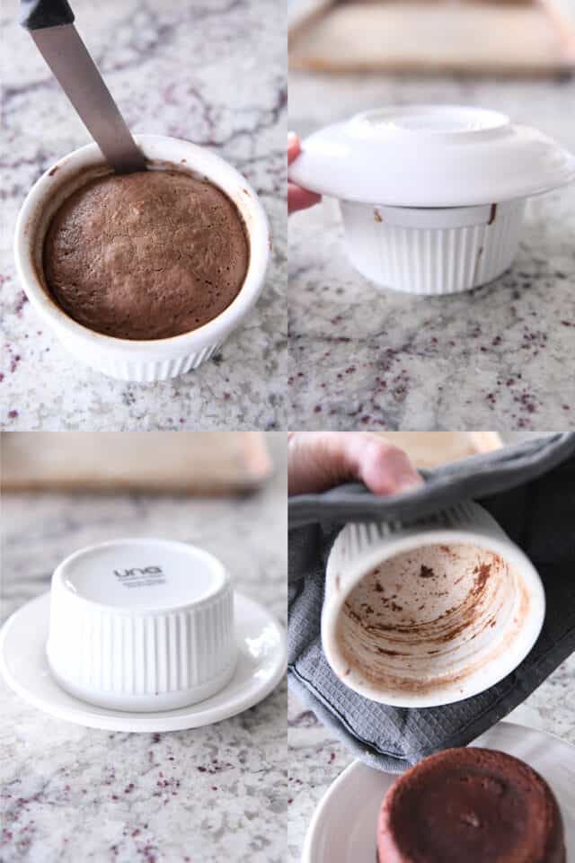 Loosening molten lava cake in ramekin and turning it out onto plate.