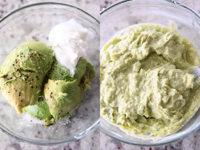 Glass bowls with avocado and sour cream.