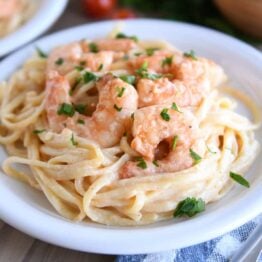 Cooked shrimp on creamy linguine on white plate.