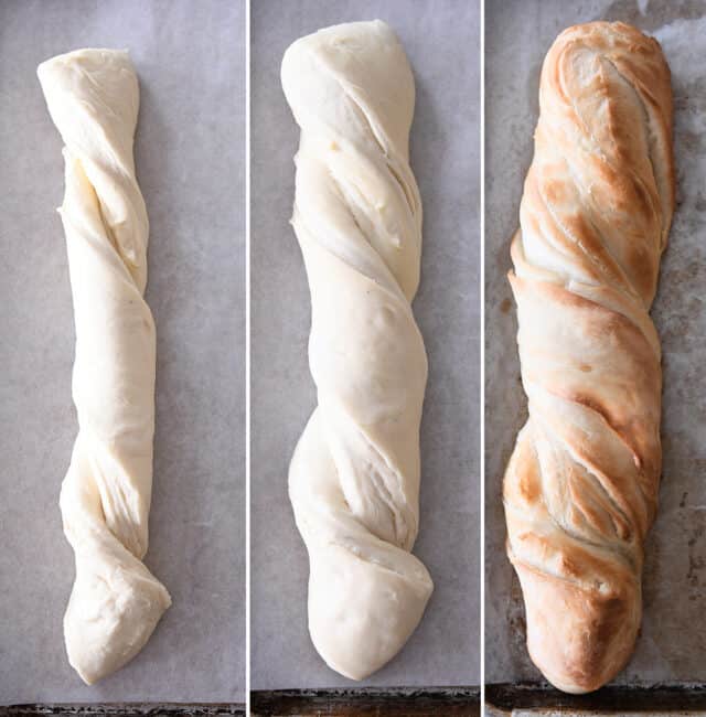 Unrisen, risen and baked loaves of croissant French bread.