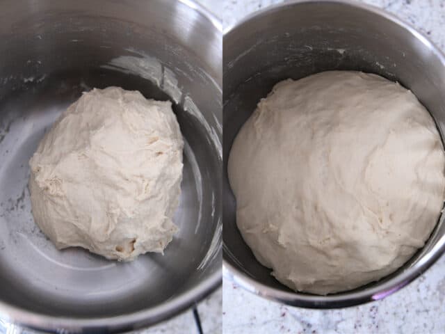 Bread dough rising in stainless steel bowl.