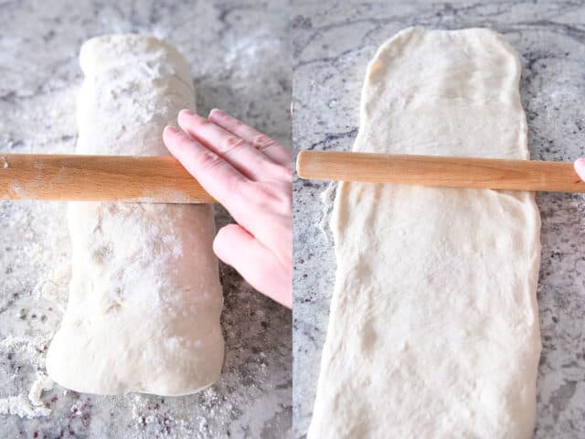 Rolling out ،er filled French bread dough into long rectangle.