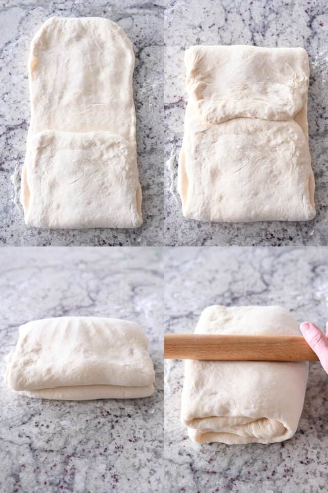 Rolling out and folding breadstick dough with butter.