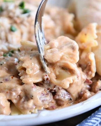 Fork with bowtie pasta and creamy sun-dried tomato pasta sauce.