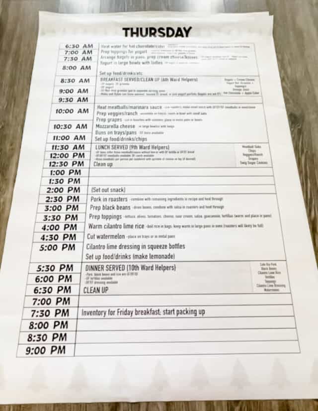 Large engineering print with menu for girl's camp.