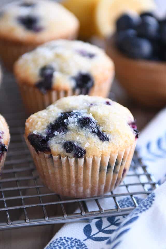 Blueberry muffins baked on a wire rack.