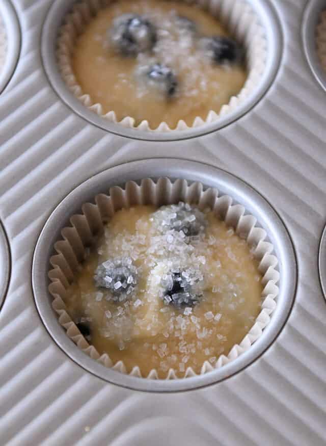 Muffin batter in lined muffin tin with caster sugar on top.