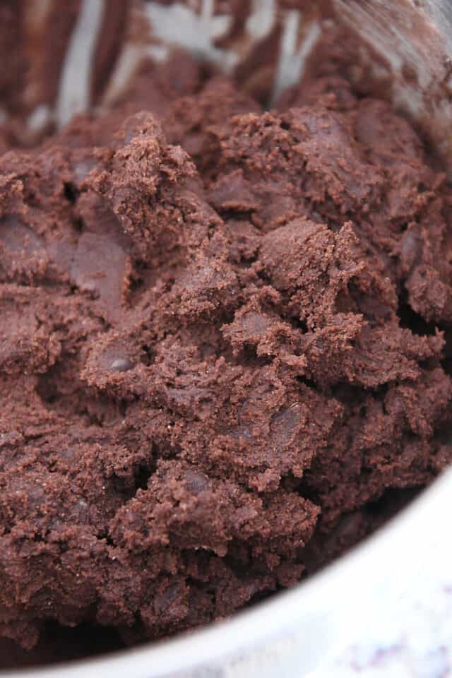 Double chocolate cookie dough in kitchenaid mixer.