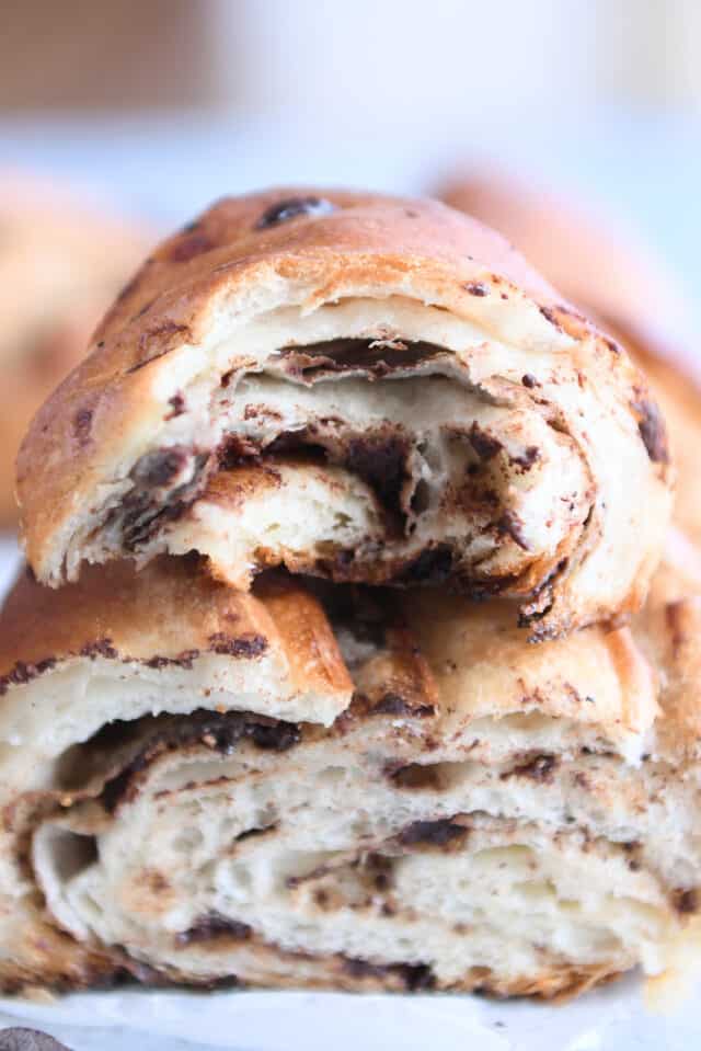 Flaky chocolate croissant French bread.