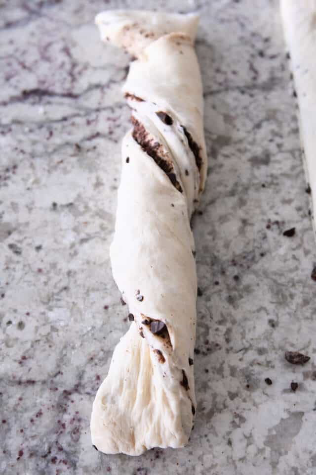 Twisted loaf of chocolate croissant French bread.