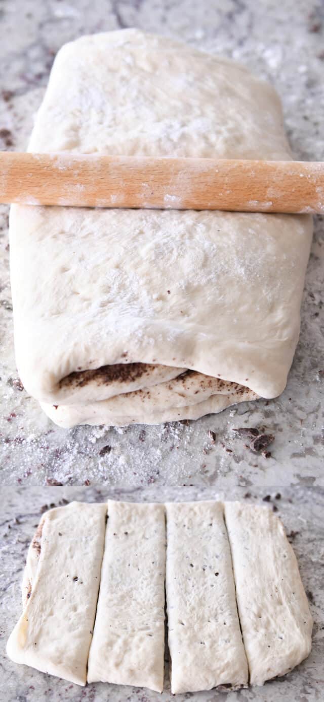 Rolling out French bread dough and cutting into four strips.