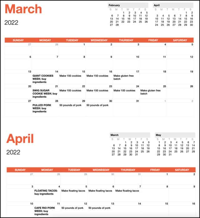 Calendar with food prep details for girl's camp.