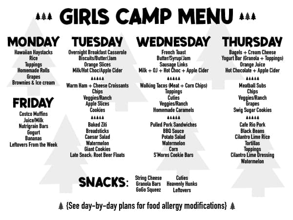 Girls camp menu.