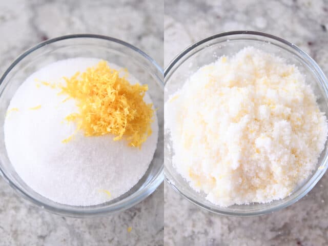 Sugar and lemon zest in small bowl.