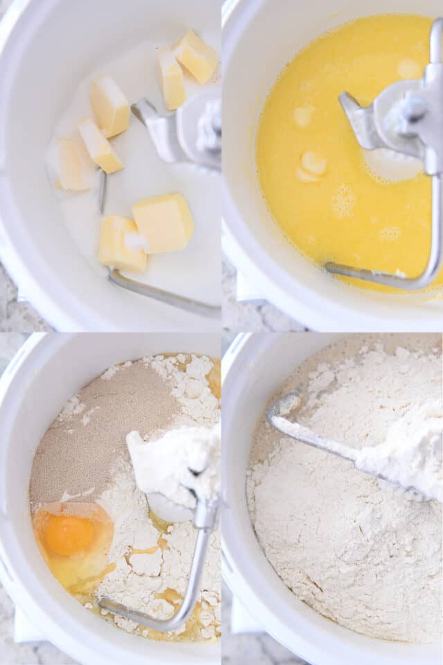 Butter, sugar, melted butter, egg, yeast and flour in white bowl with dough hook.