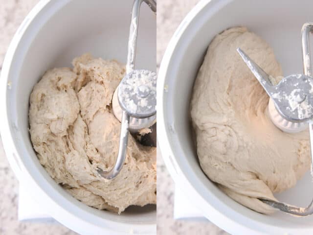 Mixing pizza dough in white bowl with dough hook.