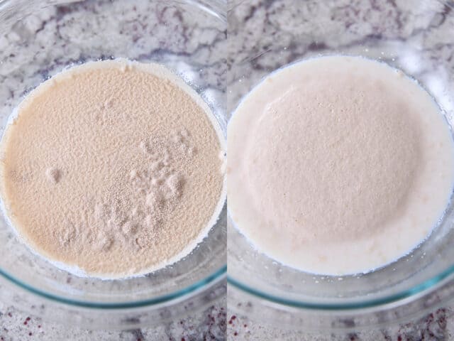 Yeast proofing in water in glass bowl.