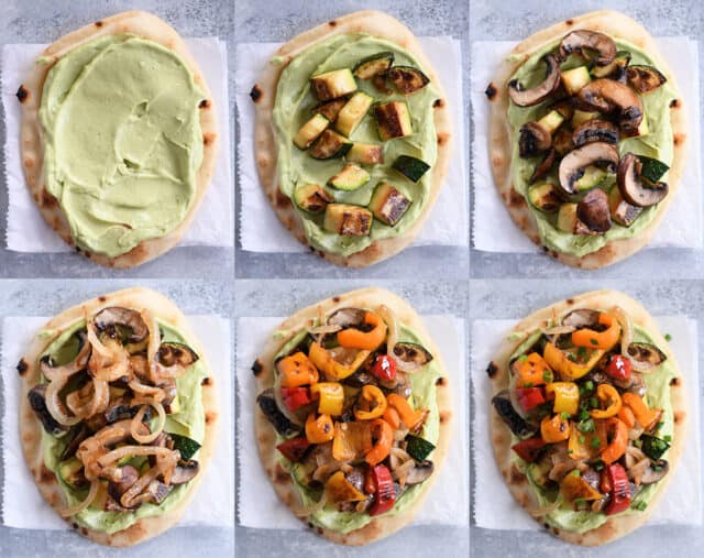 Assemble flatbread with avocado sauce, roasted zucchini, mushrooms, caramelized onions, roasted peppers and spring onions.